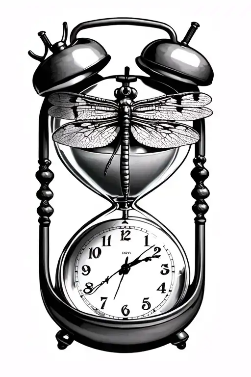 hour glass with vintage alarm clock on top with pocketwatch with large dragonfly on the middle of pocket watch tattoo design idea