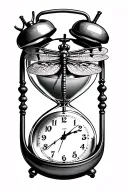 hour glass with vintage alarm clock on top with pocketwatch with large dragonfly on the middle of pocket watch tattoo design idea