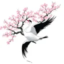 Japanese crane dance in air surrounded by cherry blossom tree tattoo design idea