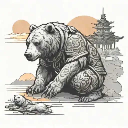 a half-dead Chinese warrior sits next to a bear and looks at the sunset tattoo design idea