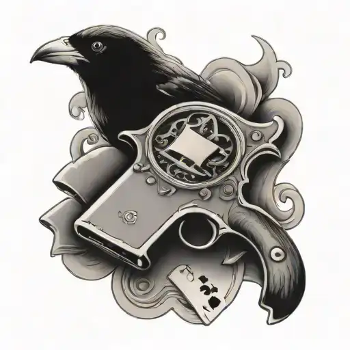 gun, black bird and ace of spades tattoo design idea