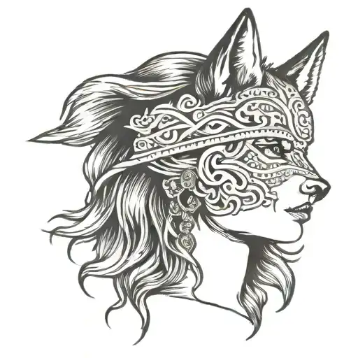 Nordic woman sideways blindfolded wolf over her head tattoo design idea