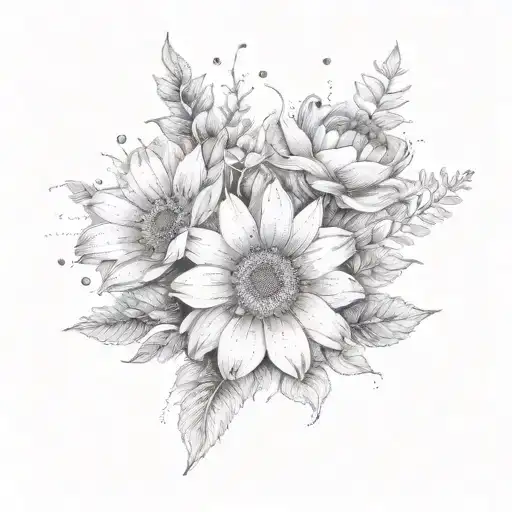 a bouquet of birth month flowers, an April flower, two August flowers, a September and a December flower tattoo design idea