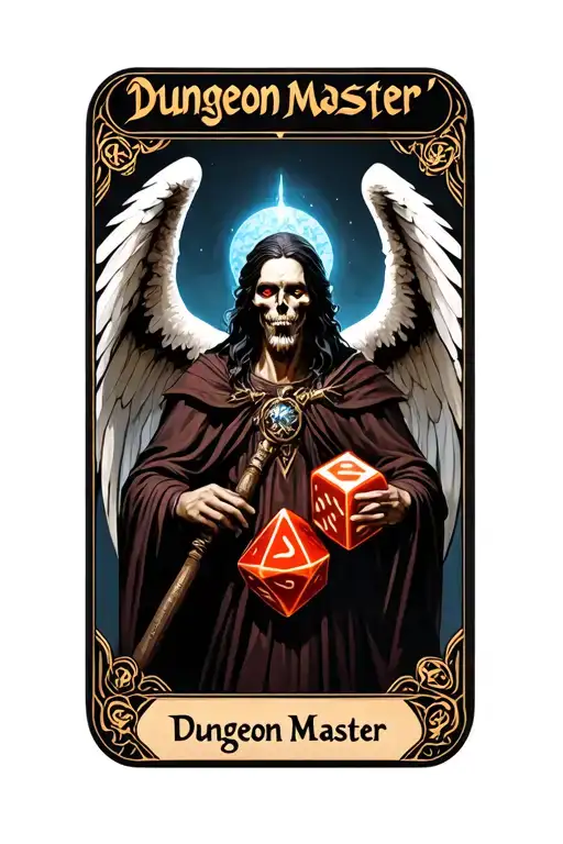"Dungeon Master " "Dungeon Master " "Dungeon Master " "Dungeon Master " pagan, tarot card, card face, D20 dice, Dungeon Master, fantasy, angel of death, Dungeons and dragons  tattoo design idea