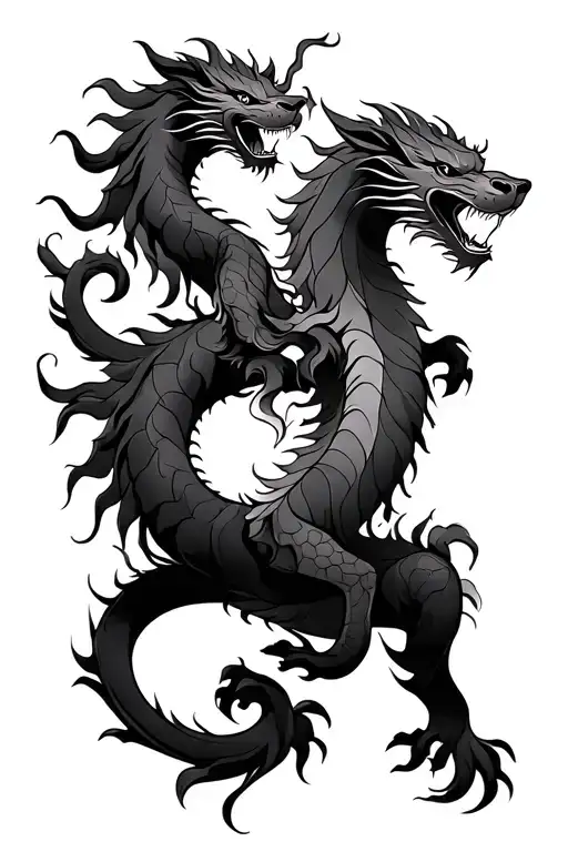 A dragon lion entangled together in black ink, for a personal tattoo design on my arm/shoulder. Traditional asian st tattoo design idea