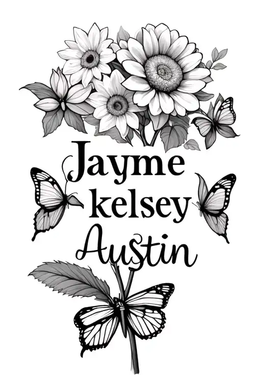 "Jayme kelsey  Austin " chrysanthemum roses daffodils sprouting flowers and butterflies tattoo design idea