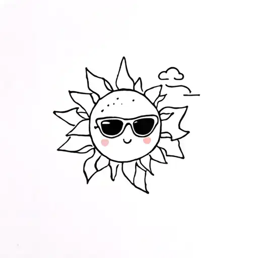 Small cute sun with sunglasses and little clouds behind tattoo design idea