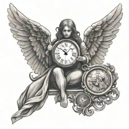 arch angel holding a clock tattoo design idea