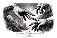 hands of "creation of Adam" reaching out to touch eachother the Bible verse revelation 3:20 in Roman numerals below it tattoo design idea