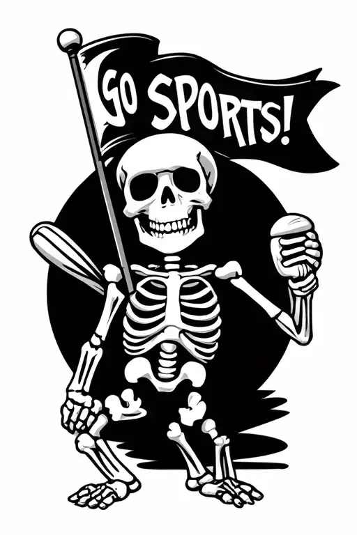 Cartoon skeleton holding little flag that says "Go Sports!" tattoo design idea