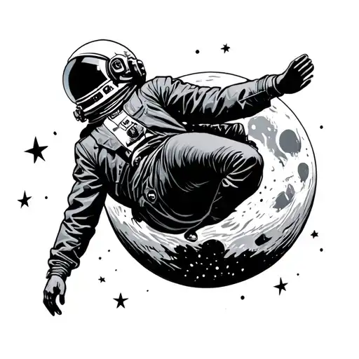 man falling off the moon in a suit wearing an astronaut helmet, reaching back up for the moon as he falls with stars tattoo design idea