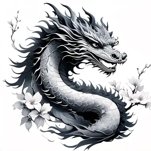 feminine Chinese dragon with cherry blossoms tattoo design idea