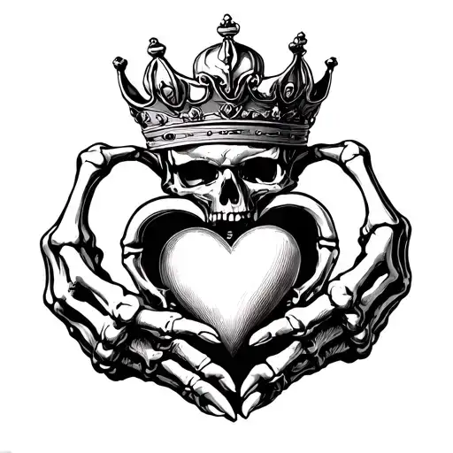 skeleton hands claddagh with normal heart and crown tattoo design idea