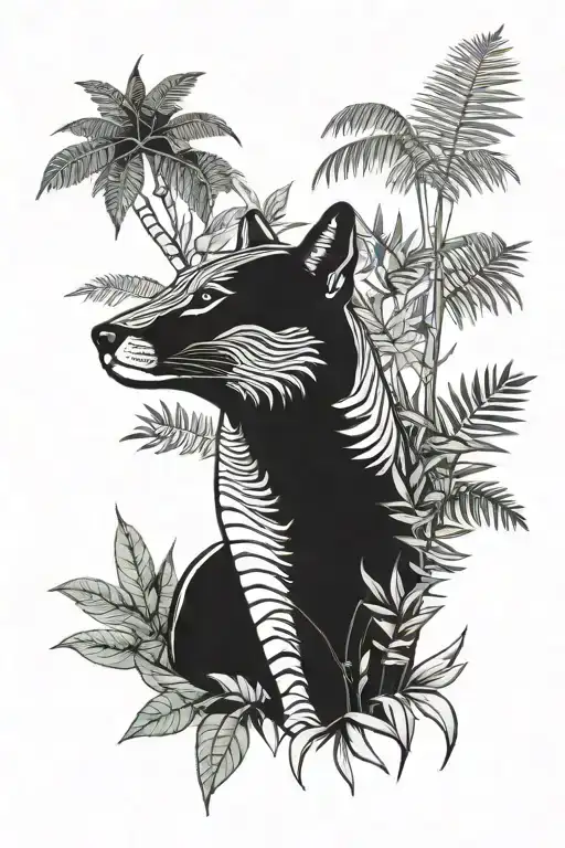 thylacine with jungle plants tattoo design idea
