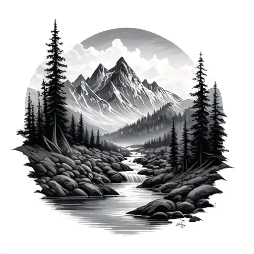 water stream up to a mountain  tattoo design idea