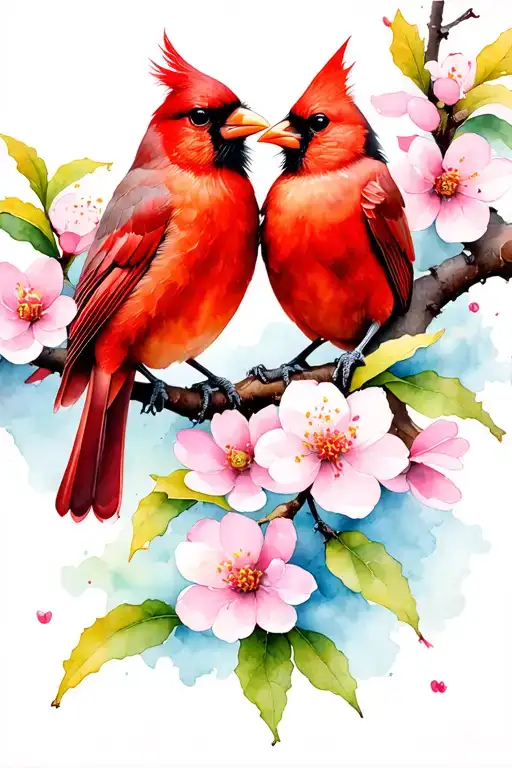 two cardinals perched on a single akebono cherry blossom branch, facing each other in an intimate pose tattoo design idea