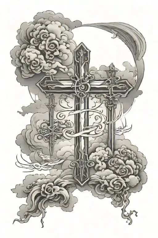 Isaiah 41:10 written in clouds with three crosses beneath it tattoo design idea