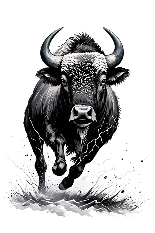 buffalo running towards lighting storm tattoo design idea