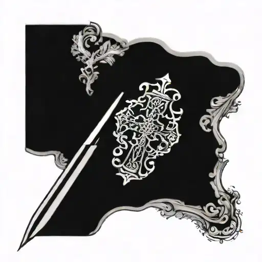 cross tattoo with a Holly spirit and a sword and a sand timer  tattoo design idea