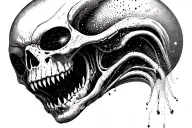 Cosmic Alien Romulis elongated skull with an open mouth with fangs in saliva tattoo design idea
