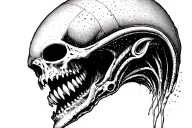 Cosmic Alien Romulis elongated skull with an open mouth with fangs in saliva tattoo design idea