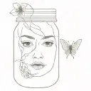 jar of flies with half childs face looking through tattoo design idea