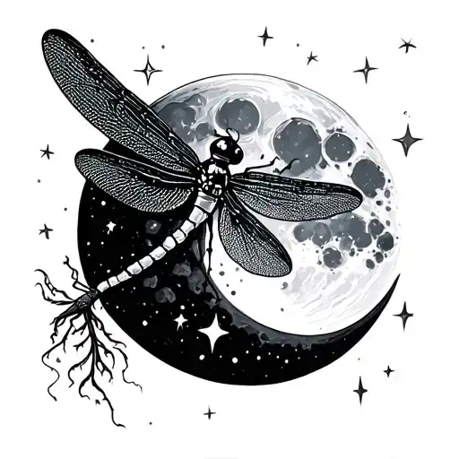 moon dragonfly stars tattoo design idea