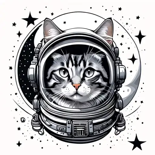 cat in an astronaut helmet surrounded by stars, a crescent moon, constellation Croix du Sud and orion tattoo design idea