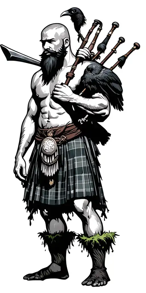 a shirtless bagpiper muscular playing the bagpipes bald with a black beard with a raven sitting on a claymore in moss tattoo design idea