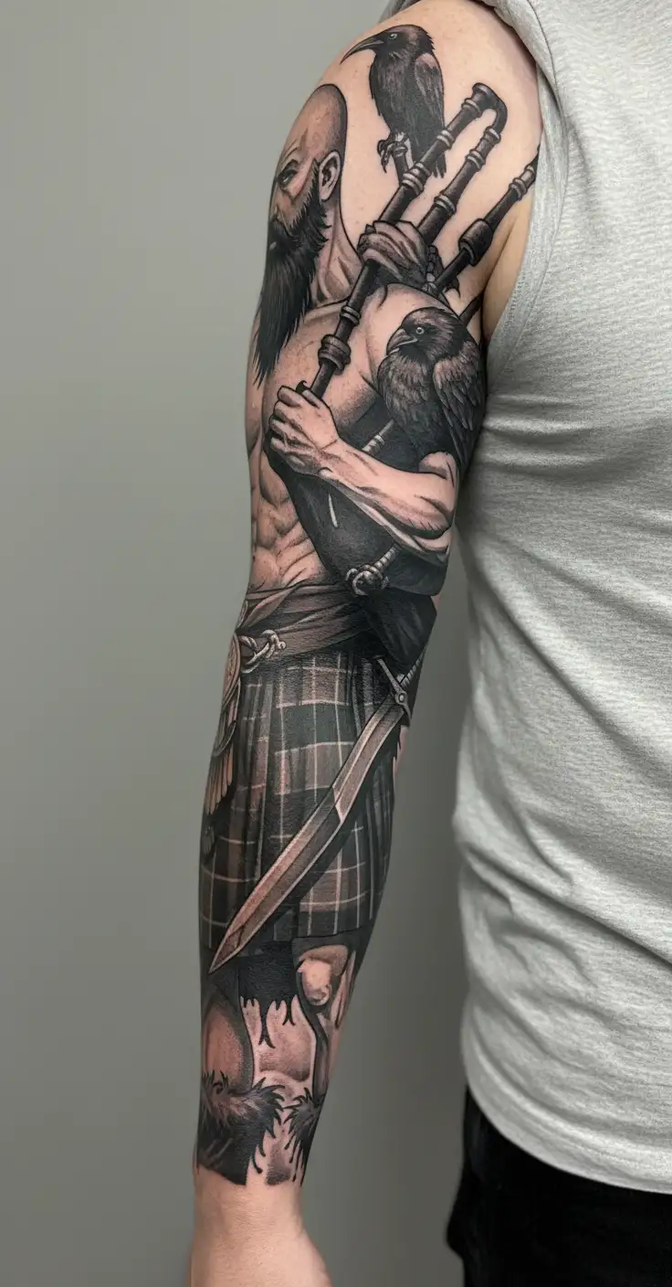 a shirtless bagpiper muscular playing the bagpipes bald with a black beard with a raven sitting on a claymore in moss tattoo design idea