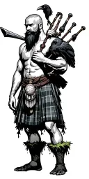 a shirtless bagpiper muscular playing the bagpipes bald with a black beard with a raven sitting on a claymore in moss tattoo design idea