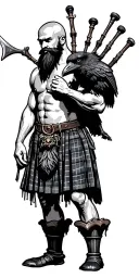a shirtless bagpiper muscular playing the bagpipes bald with a black beard with a raven sitting on a claymore in moss tattoo design idea