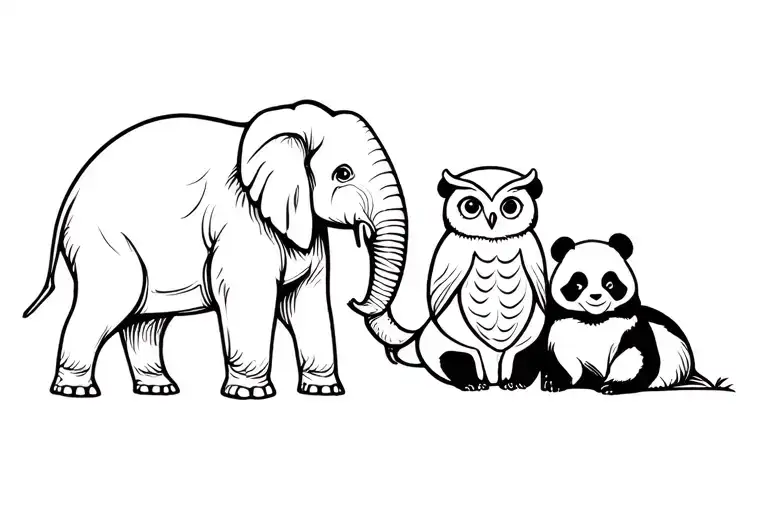 seamlessly weaves together a majestic elephant, a wise owl, a relaxed sloth, and a lovable panda tattoo design idea