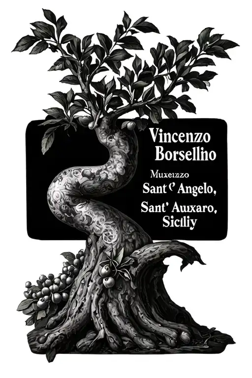 Olive tree memorial tattoo, writing "Vincenzo Borsellino" and "Sant'Angelo Muxaro, Sicily" tattoo design idea