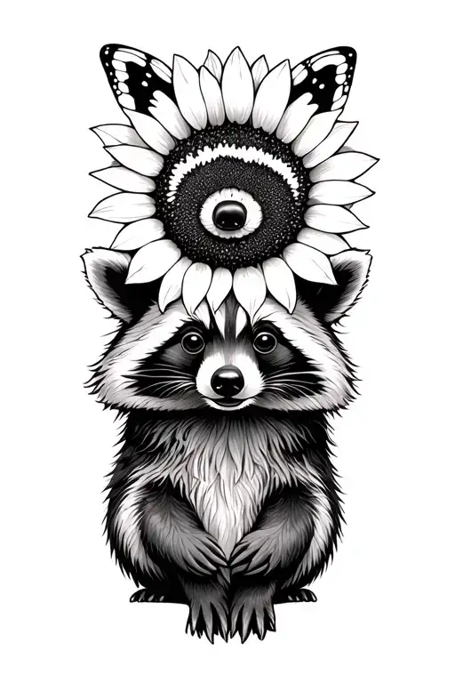 raccoon bear sunflower butterfly tattoo design idea