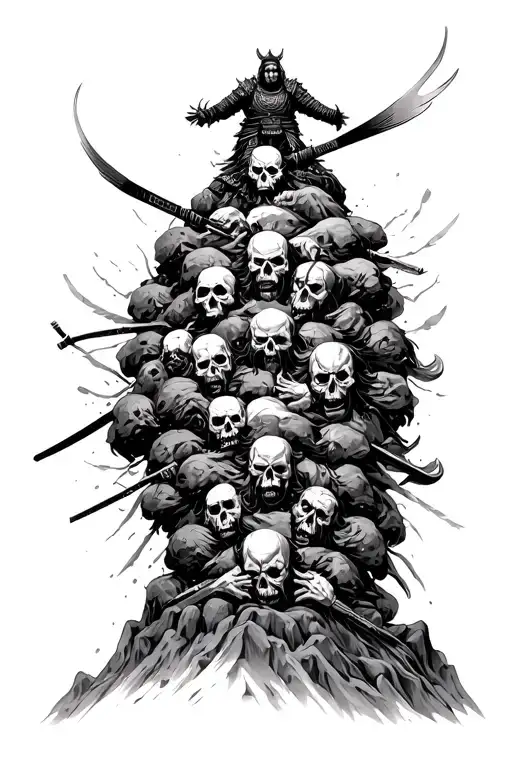 a mountain of dead bodies decomposed and at the top of the dead bodies mountain a samurai that cut the head of his enemy tattoo design idea