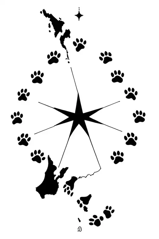 map of New Zealand, dog paw prints in the formation of the star sign "Southern Cross" tattoo design idea