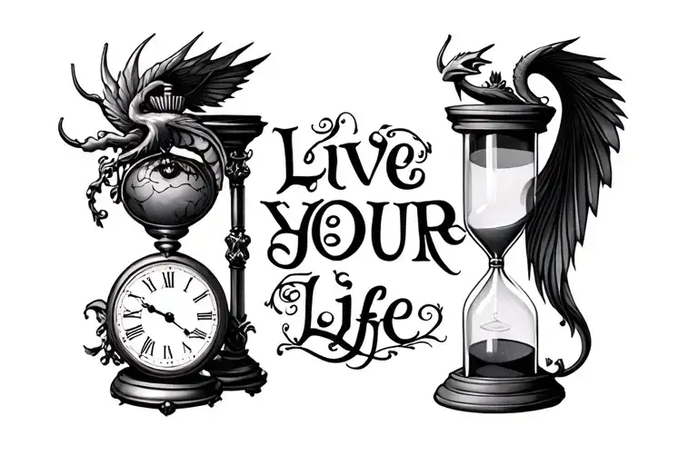 "Live Your Life" "Live Your Life" hourglass and pocket watch background creatures tattoo design idea