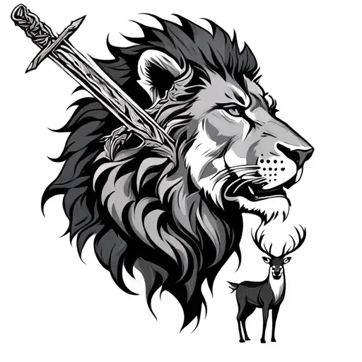 side view of zoomed face of lion with sword poked in forehead and pair of deers at the bottom forearm tattoo tattoo design idea