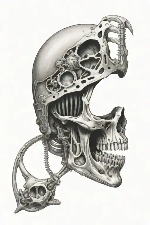 Create a hyper-realistic, macabre tattoo design inspired by HR Giger’s biomechanical style. The focal point is a skull tattoo design idea