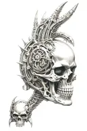 Create a hyper-realistic, macabre tattoo design inspired by HR Giger’s biomechanical style. The focal point is a skull tattoo design idea