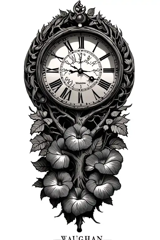 Nordic Tree of Life, Clock inside morning glory with New Romans "Vaughn" text tattoo design idea