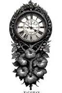 Nordic Tree of Life, Clock inside morning glory with New Romans "Vaughn" text tattoo design idea