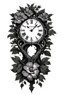Nordic Tree of Life, Clock inside morning glory with New Romans "Vaughn" text tattoo design idea