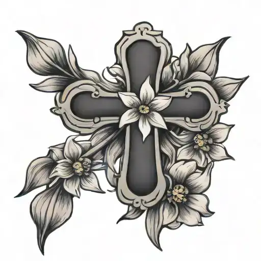 dainty small cross with daffodils intertwined  tattoo design idea