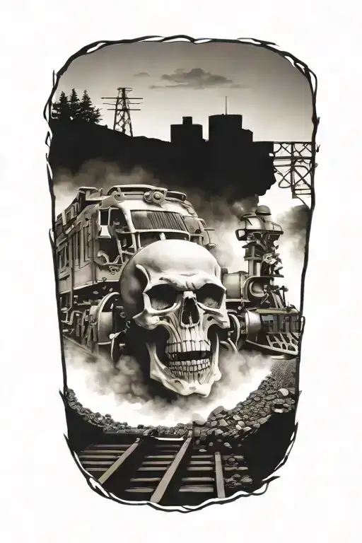 railroad train tracks going into the distance with evil skulls and harley davidson engine parts tattoo design idea