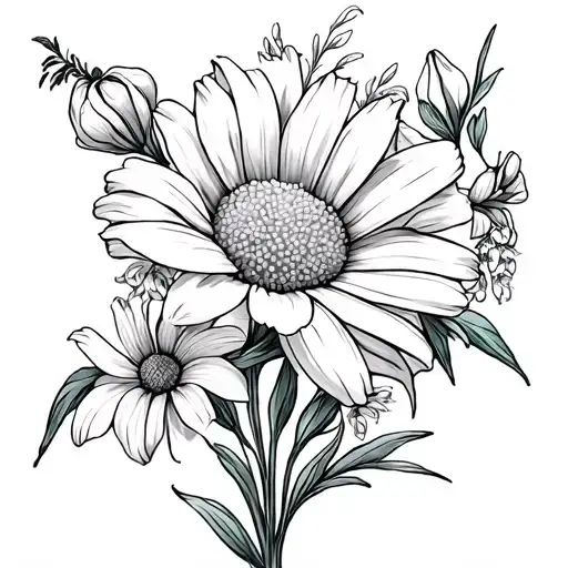 give me a fine line tattoo design with a single flower of daisie, marigold, Narcissus, larkspur, and gladiolus  tattoo design idea