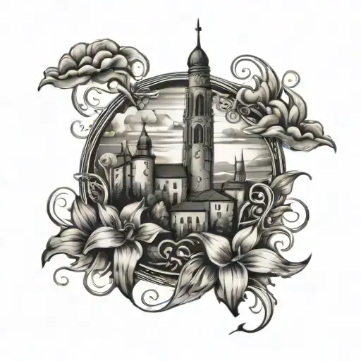 high detail bosnian lilys with with bosnian tower in middle, with sunrays and clouds on top tattoo design idea