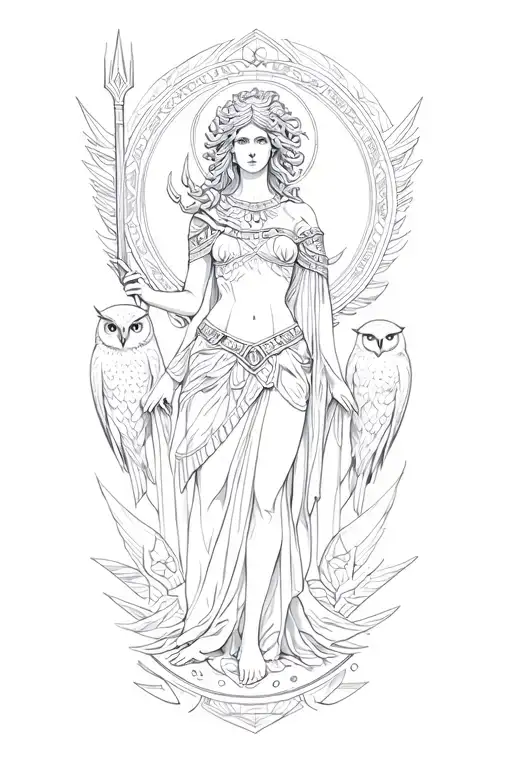 Athena holding spear and medusa round shield and surrounded owls and geometric paterns tattoo design idea