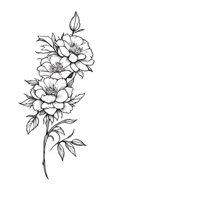 a tattoo on the shoulder with flowers: peonies, lilies, roses, edelweiss in black and white fineline tattoo design idea